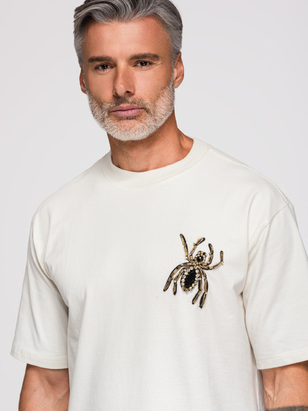 Ombre Clothing Pánske tričko s aplikáciou pavúka z kamienkov a zlatých korálkov – sloninová kosť V2 OM-TSCT-0277 Ombre Clothing