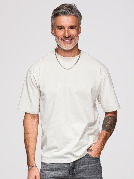 Ombre Clothing Pánske tričko voľného strihu so strieborno-čiernou aplikáciou pantera z flitrů a korálkov na chrbte – zlomená biela V2 OM-TSCT-0279 Ombre Clothing