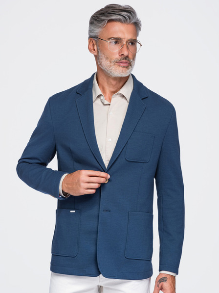 Ombre Clothing Pánske slimové sako SLIM z úpletu s jemnou štruktúrou – modré V6 M165 Ombre Clothing