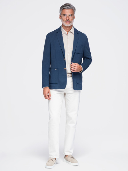 Ombre Clothing Pánske slimové sako SLIM z úpletu s jemnou štruktúrou – modré V6 M165 Ombre Clothing