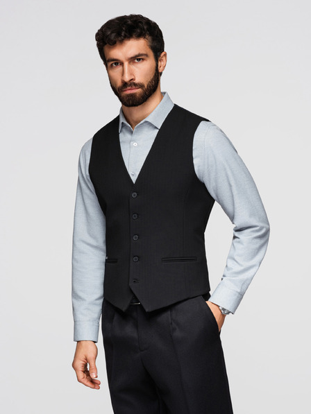 Ombre Clothing Klasická pánska elegantná vesta s rybou kostrou, strih SLIM FIT – V3, čierna V65 Ombre Clothing
