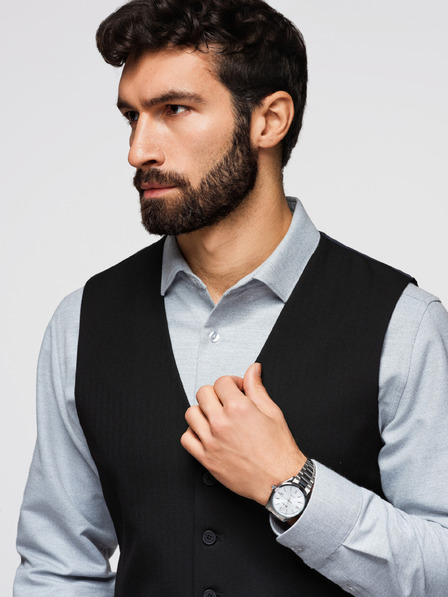 Ombre Clothing Klasická pánska elegantná vesta s rybou kostrou, strih SLIM FIT – V3, čierna V65 Ombre Clothing