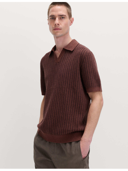 Marks & Spencer Pletená pruhovaná polokošeľa s buklé, s rozhalenkovým golierom Marks & Spencer hnedá