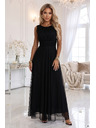 numoco ELIRA Dlhé tylové maxi šaty s okrúhlym výstrihom - čierne