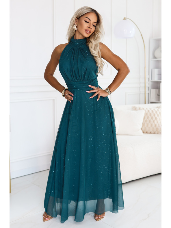 numoco VERONICA Luxusné dlhé šaty s trblietavým akcentom a elegantným strihom - zelené