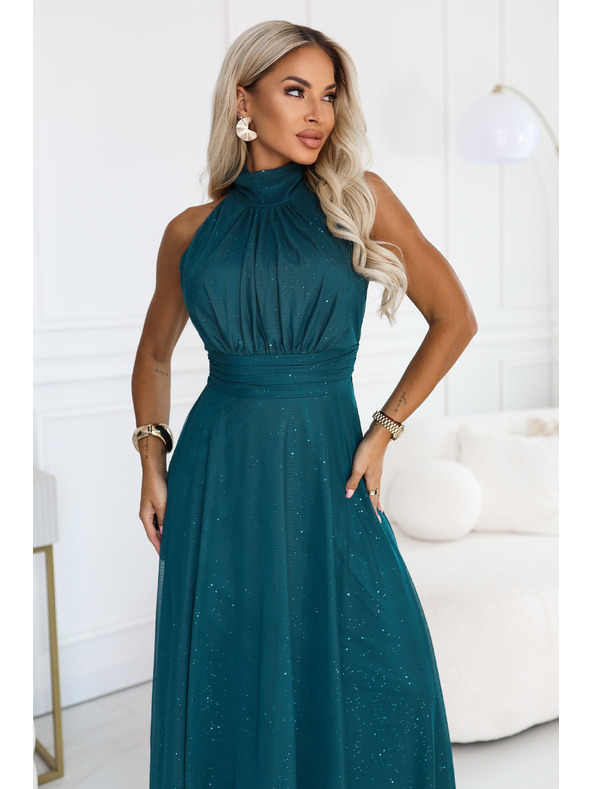 numoco VERONICA Luxusné dlhé šaty s trblietavým akcentom a elegantným strihom - zelené