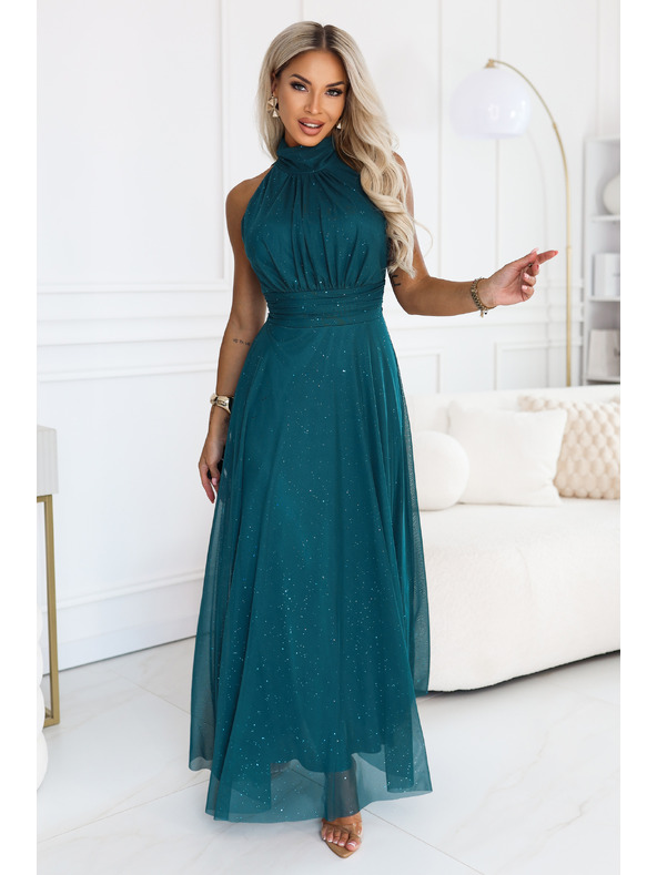 numoco VERONICA Luxusné dlhé šaty s trblietavým akcentom a elegantným strihom - zelené