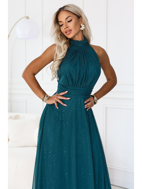 numoco VERONICA Luxusné dlhé šaty s trblietavým akcentom a elegantným strihom - zelené