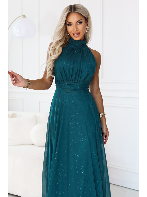numoco VERONICA Luxusné dlhé šaty s trblietavým akcentom a elegantným strihom - zelené