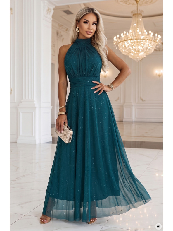 numoco VERONICA Luxusné dlhé šaty s trblietavým akcentom a elegantným strihom - zelené