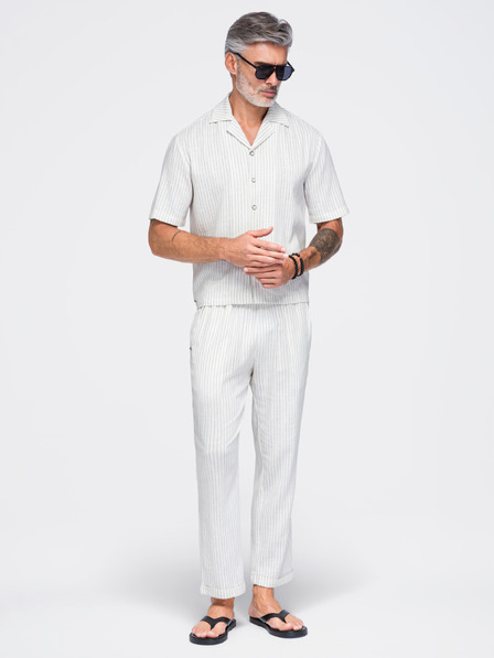 Ombre Clothing Pánske nohavice z viskózy a ľanu s prúžkami – zlomená biela V1 OM-PACP-0311 Ombre Clothing