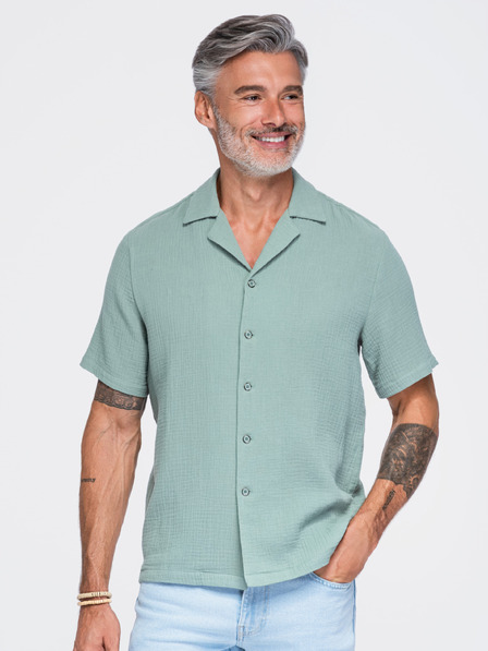 Ombre Clothing Pánska muselínová košeľa s kubánskym golierom – pastelovo zelená V3 OM-SHSS-0223 Ombre Clothing