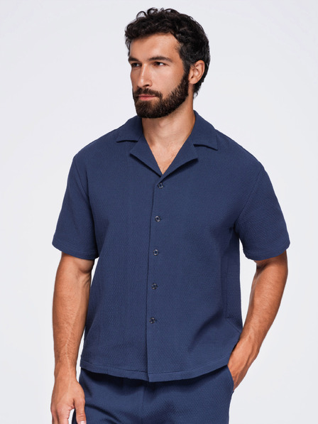 Ombre Clothing Pánska bavlnená košeľa s kubánskym golierom – tmavo modrá V1 OM-SHSS-0220 Ombre Clothing