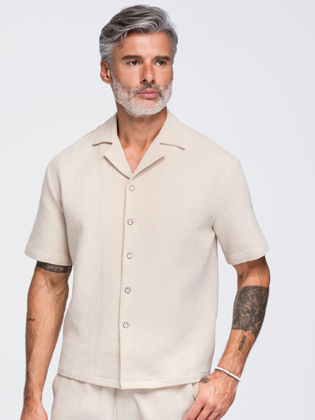 Ombre Clothing Pánska bavlnená košeľa s kubánskym golierom – slonová kosť V2 OM-SHSS-0220 Ombre Clothing
