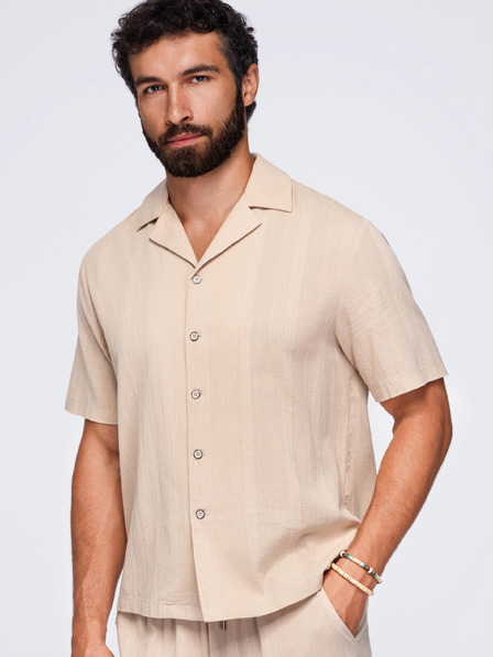 Ombre Clothing Pánska bavlnená košeľa s kubánskym golierom – svetlo hnedá V1 OM-SHSS-0221 Ombre Clothing