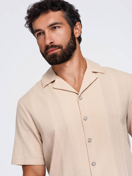 Ombre Clothing Pánska bavlnená košeľa s kubánskym golierom – svetlo hnedá V1 OM-SHSS-0221 Ombre Clothing