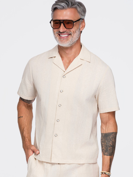 Ombre Clothing Pánska bavlnená košeľa s kubánskym golierom – krémová V3 OM-SHSS-0221 Ombre Clothing