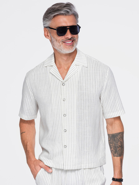 Ombre Clothing Pánska prúžkovaná košeľa regular strihu z viskózy a ľanu s kubánskym golierom – slonová kosť V1 OM-SHSS-0222 Ombre Clothing