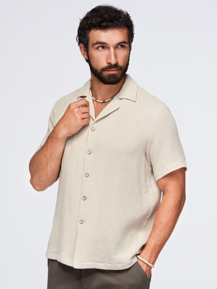 Ombre Clothing Pánska muselínová košeľa s kubánskym golierom – béžová V1 OM-SHSS-0223 Ombre Clothing