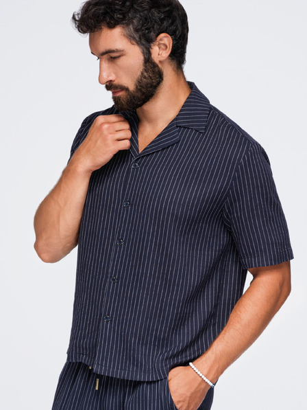 Ombre Clothing Pánska prúžkovaná košeľa regular strihu z viskózy a ľanu s kubánskym golierom – tmavo modrá V2 OM-SHSS-0222 Ombre Clothing