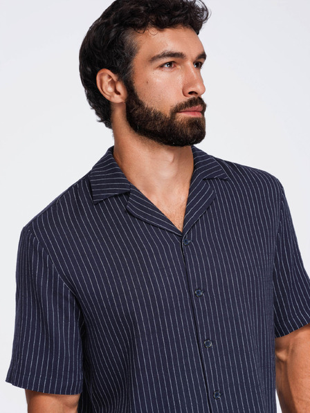 Ombre Clothing Pánska prúžkovaná košeľa regular strihu z viskózy a ľanu s kubánskym golierom – tmavo modrá V2 OM-SHSS-0222 Ombre Clothing