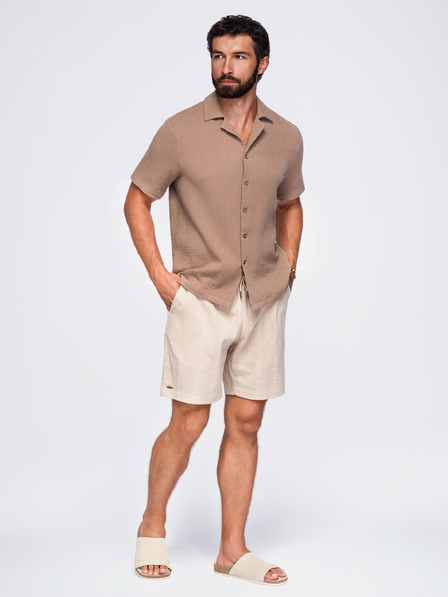 Ombre Clothing Pánska muselínová košeľa s kubánskym golierom – svetlo hnedá V2 OM-SHSS-0223 Ombre Clothing