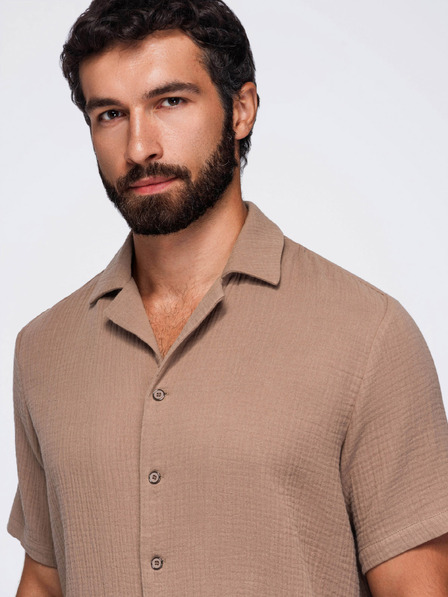 Ombre Clothing Pánska muselínová košeľa s kubánskym golierom – svetlo hnedá V2 OM-SHSS-0223 Ombre Clothing