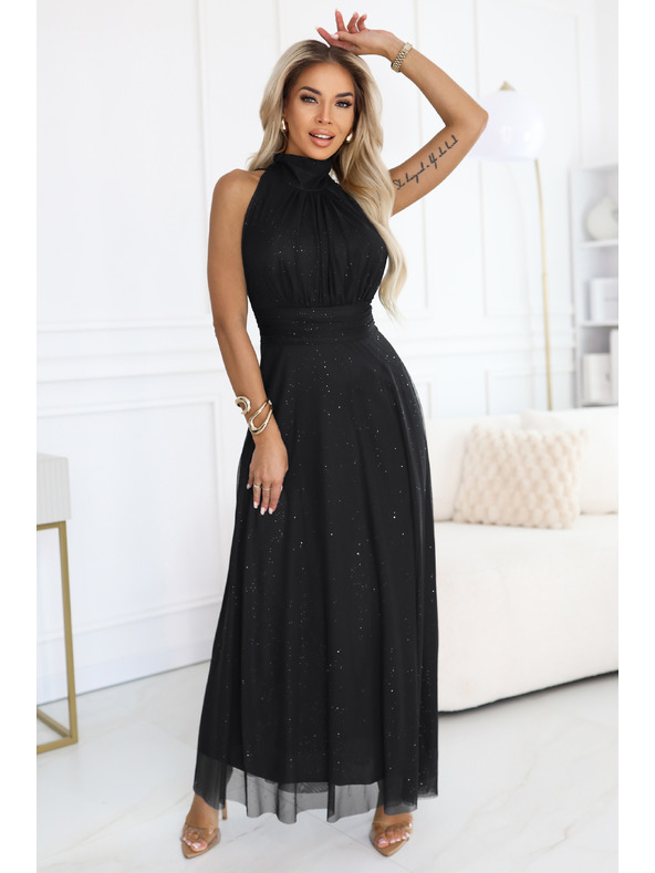 numoco VERONICA luxusné dlhé šaty s brokátovým akcentom a elegantným strihom - čierne