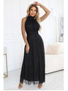 numoco VERONICA luxusné dlhé šaty s brokátovým akcentom a elegantným strihom - čierne