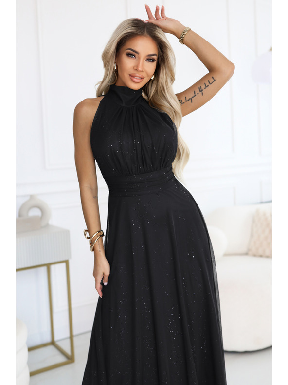 numoco VERONICA luxusné dlhé šaty s brokátovým akcentom a elegantným strihom - čierne