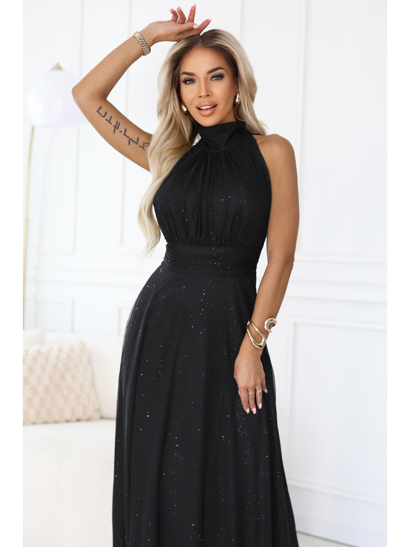 numoco VERONICA luxusné dlhé šaty s brokátovým akcentom a elegantným strihom - čierne