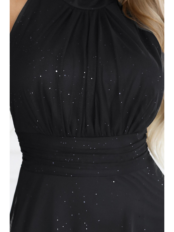 numoco VERONICA luxusné dlhé šaty s brokátovým akcentom a elegantným strihom - čierne
