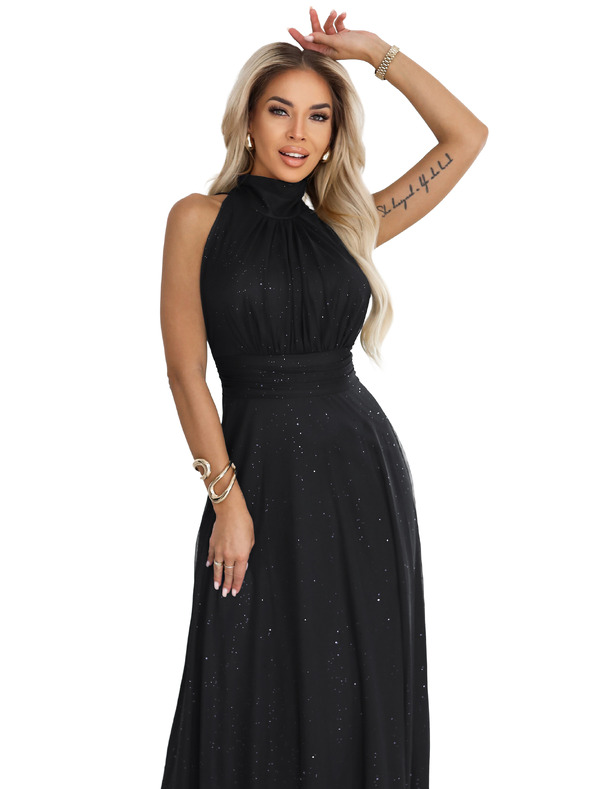 numoco VERONICA luxusné dlhé šaty s brokátovým akcentom a elegantným strihom - čierne