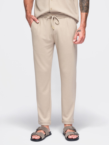 Ombre Clothing Pánske viskózové nohavice typu chino s gumou v páse – béžové V3 OM-PACP-0306 Ombre Clothing