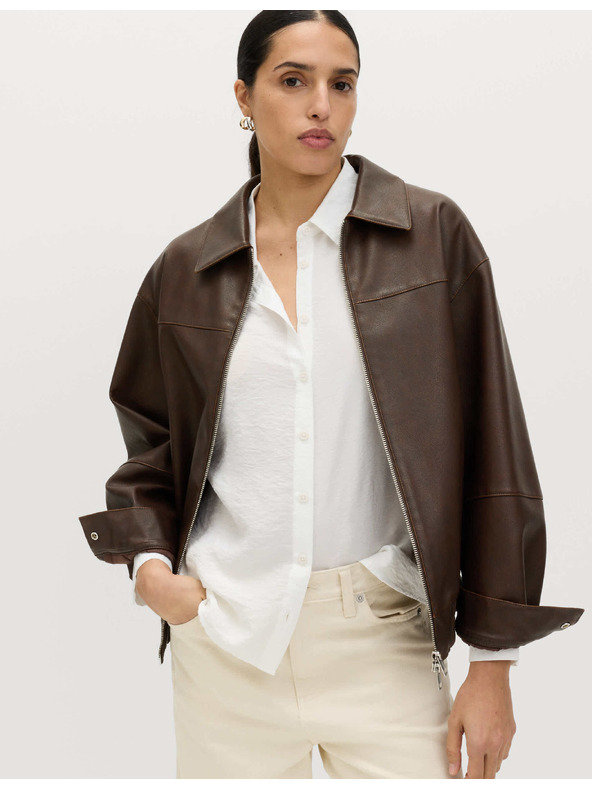 Marks & Spencer Kožená bunda bomber s golierom z patinovanej kože Marks & Spencer hnedá