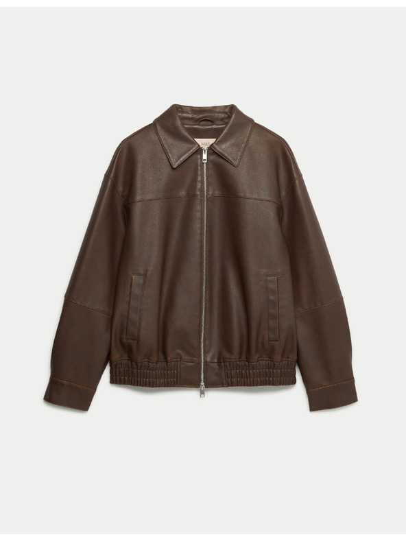 Marks & Spencer Kožená bunda bomber s golierom z patinovanej kože Marks & Spencer hnedá