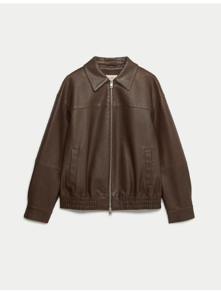Marks & Spencer Kožená bunda bomber s golierom z patinovanej kože Marks & Spencer hnedá