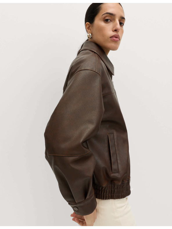Marks & Spencer Kožená bunda bomber s golierom z patinovanej kože Marks & Spencer hnedá