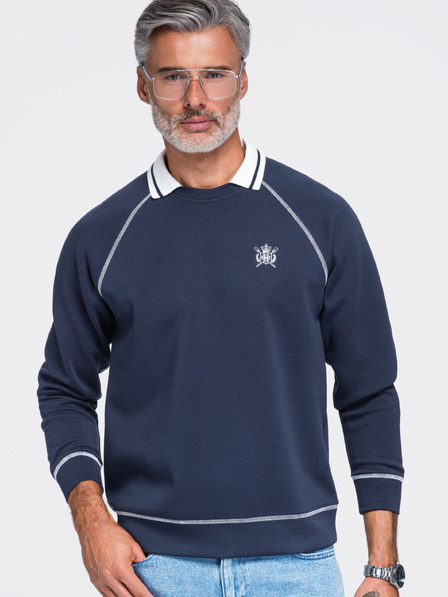 Ombre Clothing Pánska mikina s výšivkou a kontrastným límcom – tmavo modrá V1 OM-SSNZ-0269 Ombre Clothing