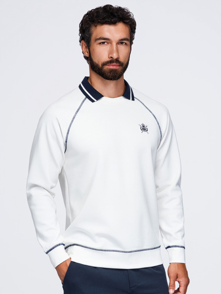 Ombre Clothing Pánska mikina s výšivkou a kontrastným límcom – tmavo modrá V1 OM-SSNZ-0269 Ombre Clothing