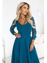 numoco LORETTA Výnimočné dlhé šaty s tyl'ovými rukávmi a výstrihom - morská zelená