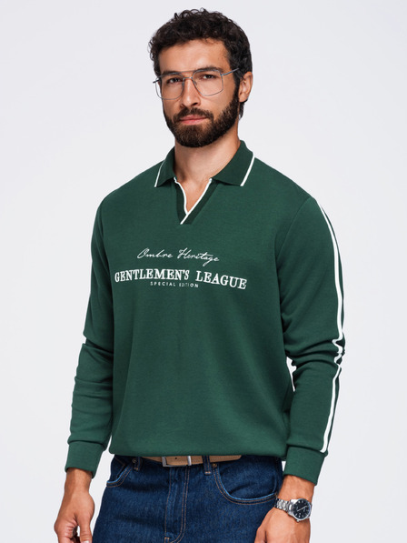 Ombre Clothing Pánska mikina s límčekom a výstrihom do V s výšivkou na hrudi – tmavo zelená V3 OM-SSNZ-0268 Ombre Clothing