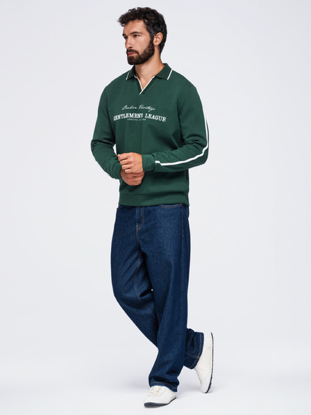 Ombre Clothing Pánska mikina s límčekom a výstrihom do V s výšivkou na hrudi – tmavo zelená V3 OM-SSNZ-0268 Ombre Clothing