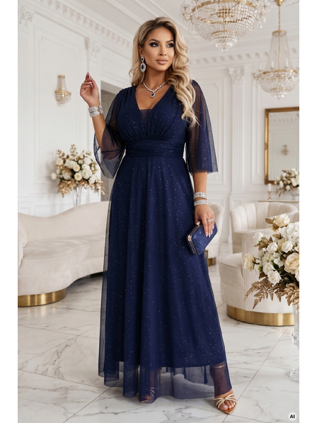 numoco Dlhé trblietavé plus size šaty s výstrihom a priesvitným rukávom - tmavo modrá