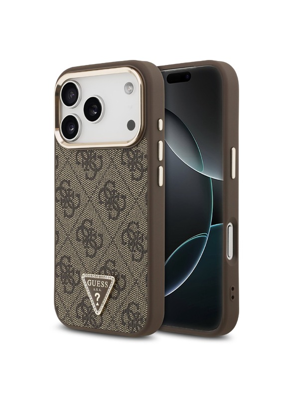 Guess Guess PU Leather 4G Strass Triangle Logo Gold Frame MagSafe Zadný Kryt pre iPhone 18 Pro Brown