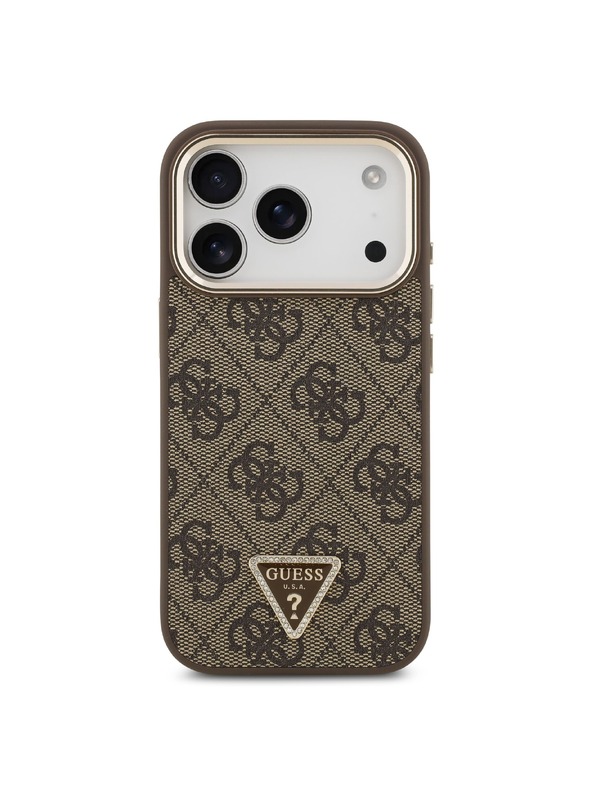 Guess Guess PU Leather 4G Strass Triangle Logo Gold Frame MagSafe Zadný Kryt pre iPhone 18 Pro Brown