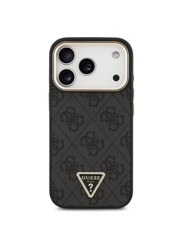 Guess Guess PU Leather 4G Strass Triangle Logo Gold Frame MagSafe Zadný Kryt pre iPhone 18 Pro Black