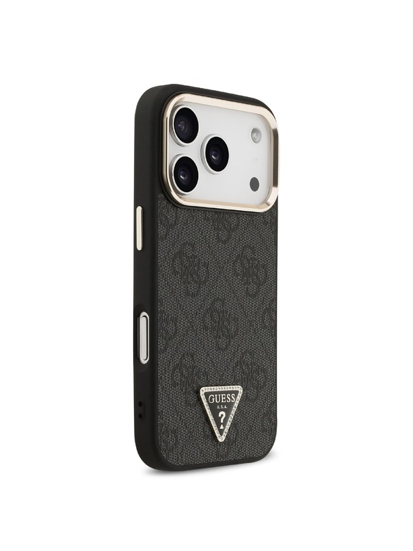 Guess Guess PU Leather 4G Strass Triangle Logo Gold Frame MagSafe Zadný Kryt pre iPhone 18 Pro Black