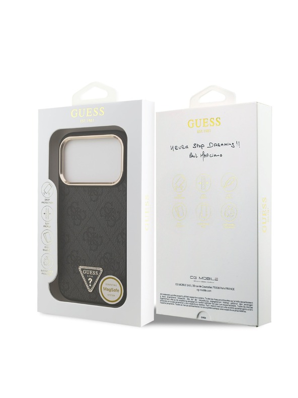 Guess Guess PU Leather 4G Strass Triangle Logo Gold Frame MagSafe Zadný Kryt pre iPhone 18 Pro Black