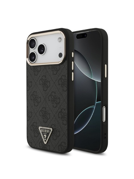 Guess Guess PU Leather 4G Strass Triangle Logo Gold Frame MagSafe Zadný Kryt pre iPhone 18 Pro Max Black